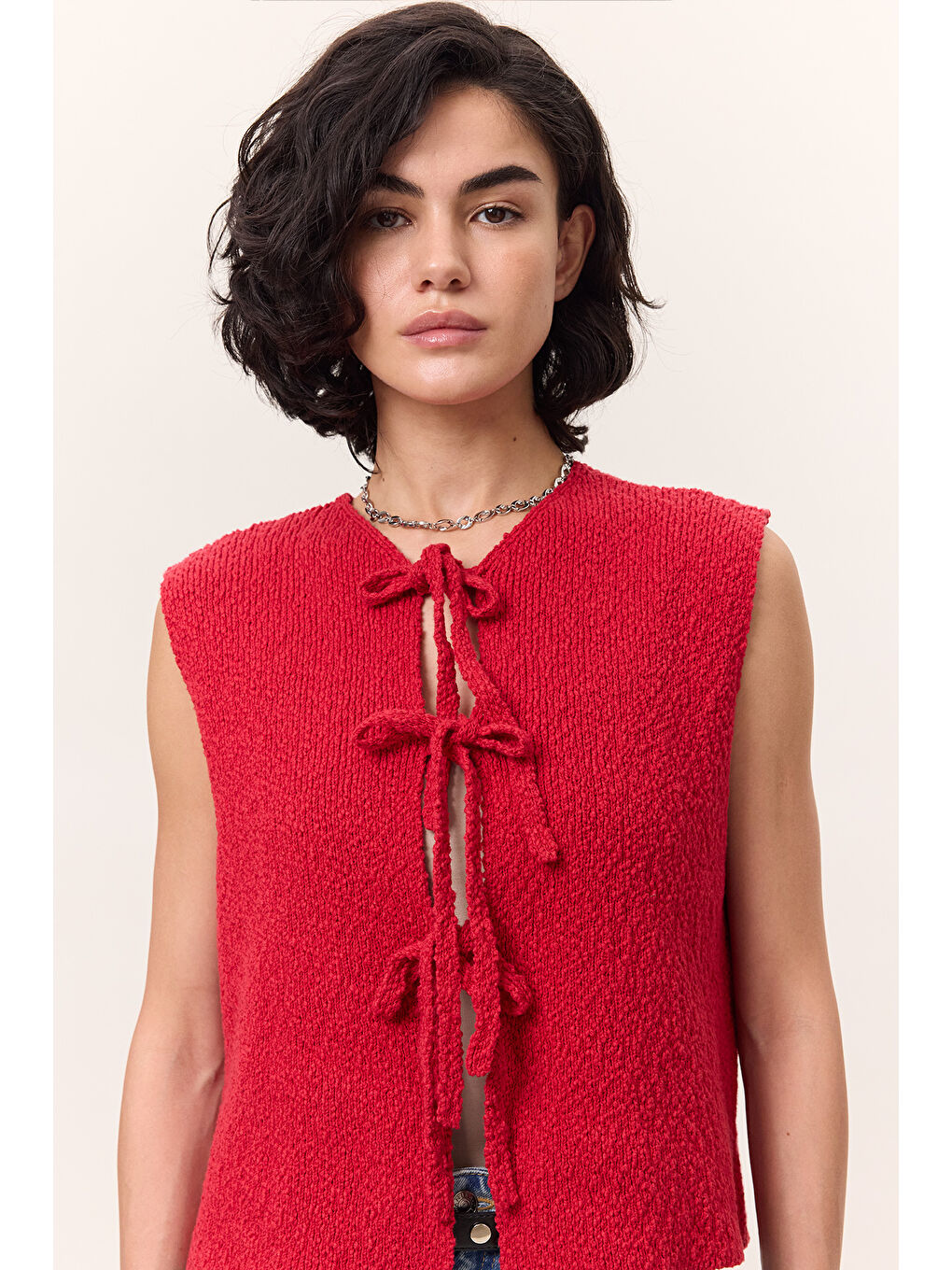 Bağcıklı Triko Yelek Kırmızı-2