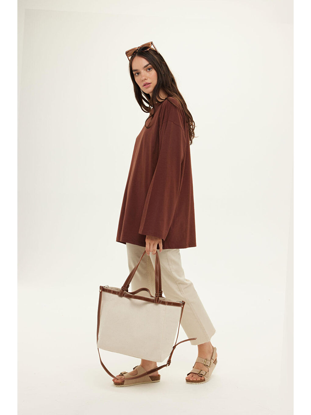 Kahverengi Geniş Kol Oversize Sweatshirt Çikolata-2