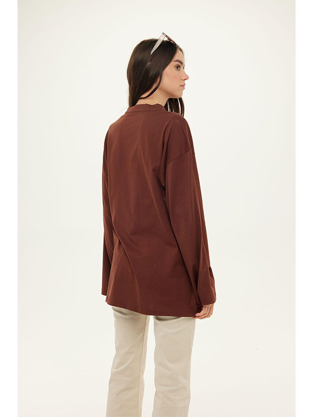 Kahverengi Geniş Kol Oversize Sweatshirt Çikolata-3