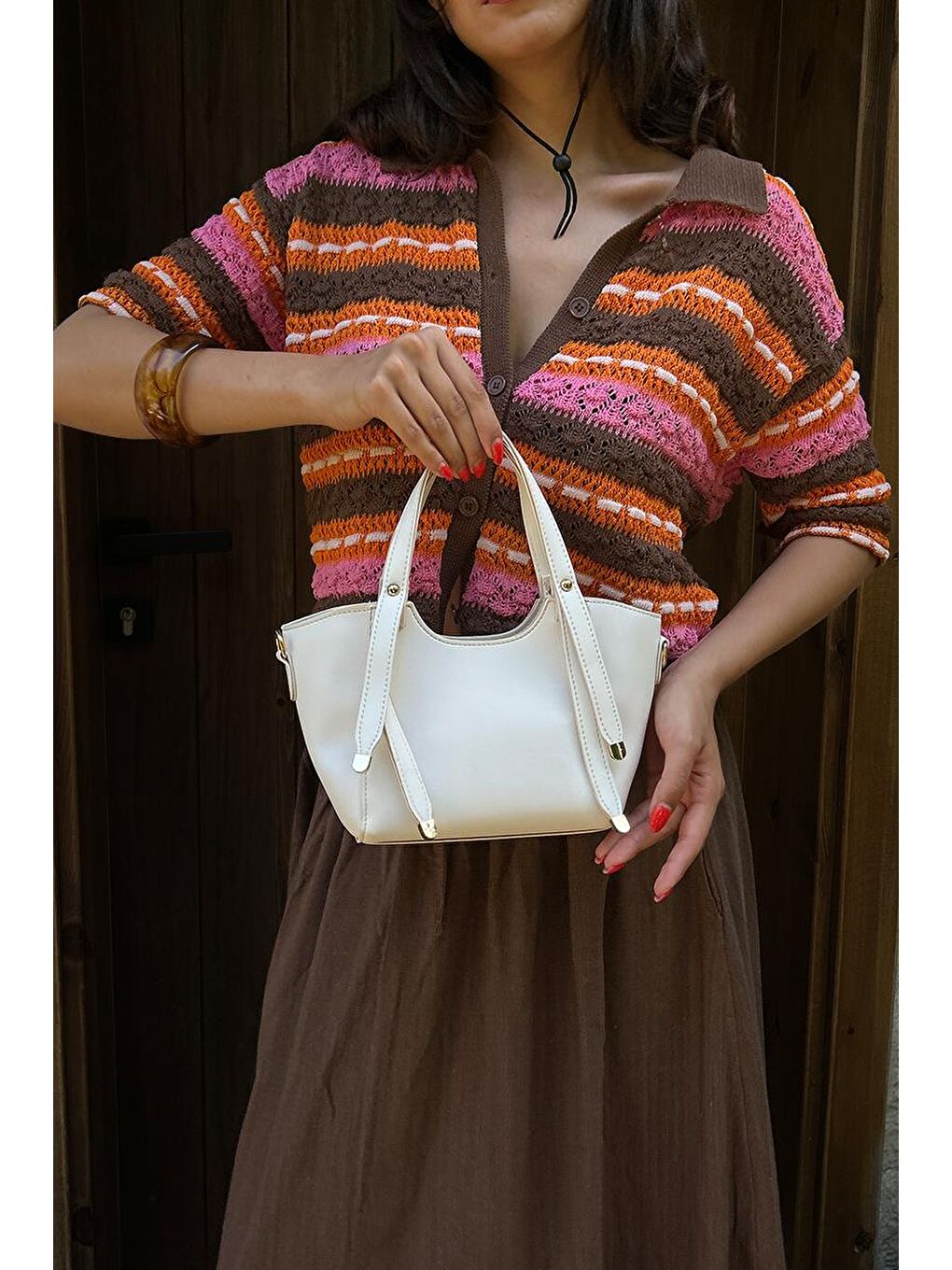 Ekru Pureline El Ve Çapraz Çanta Krem-4