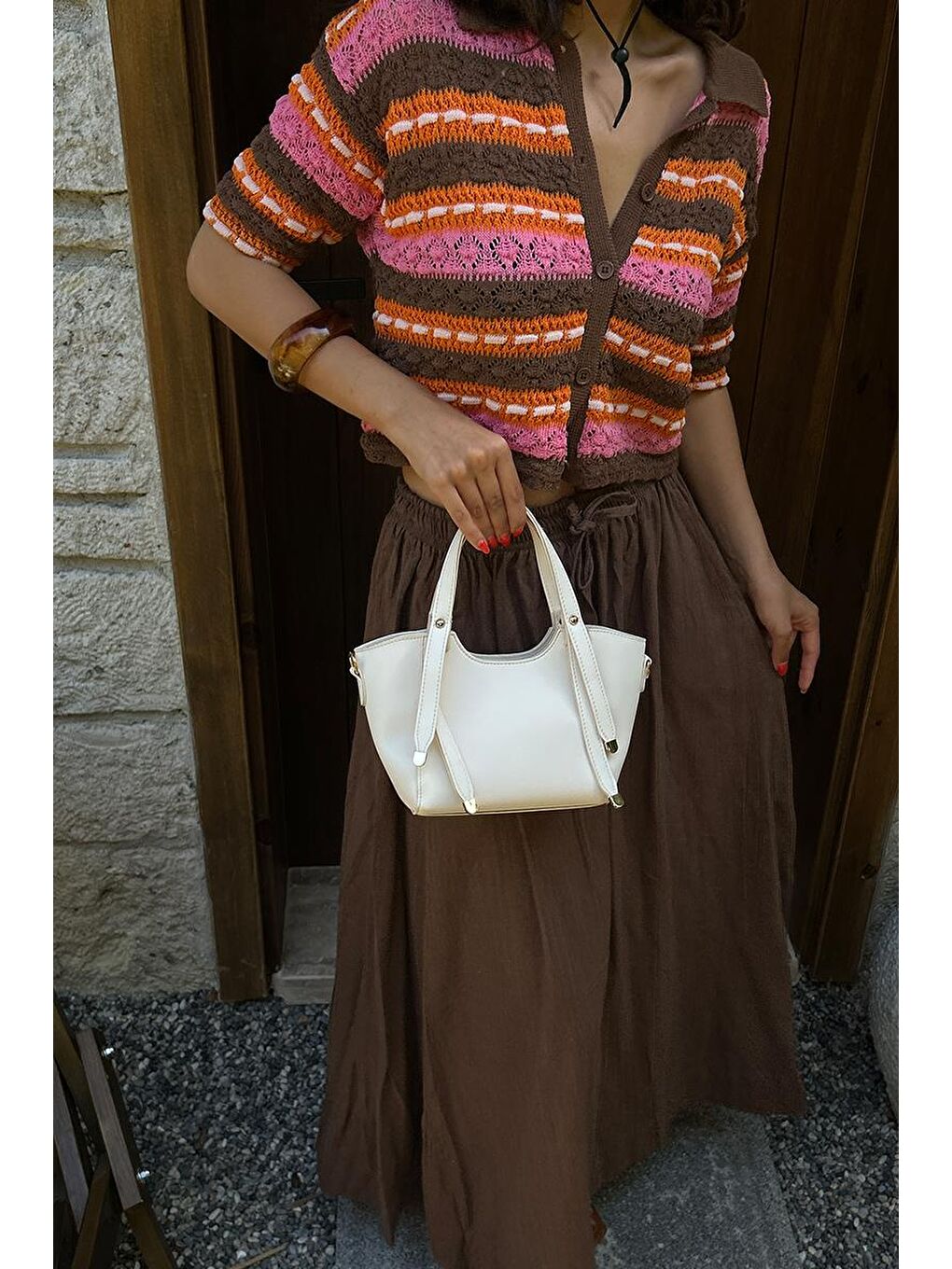 Ekru Pureline El Ve Çapraz Çanta Krem-5