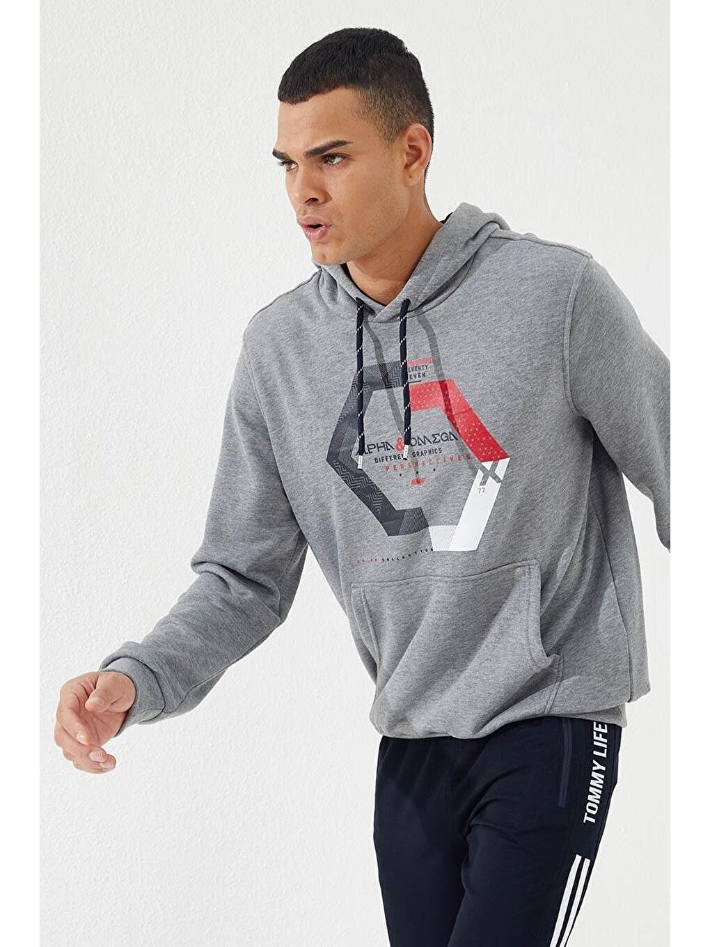 TOMMYLIFE Gri Melanj Geometrik Baskılı Standart Kalıp Kapüşonlu Erkek Sweatshirt - 87870 - 2