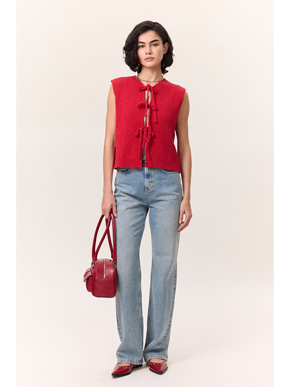 Bağcıklı Triko Yelek Kırmızı-3