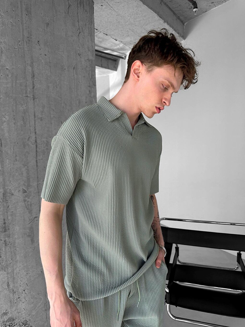 ablukaonline Erkek Oversize Polo Yaka Basic Fitilli T-Shirt Açık Yeşil - 2