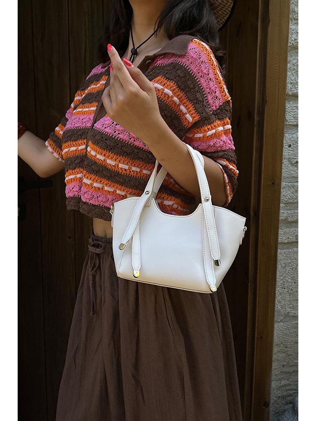 Ekru Pureline El Ve Çapraz Çanta Krem-7