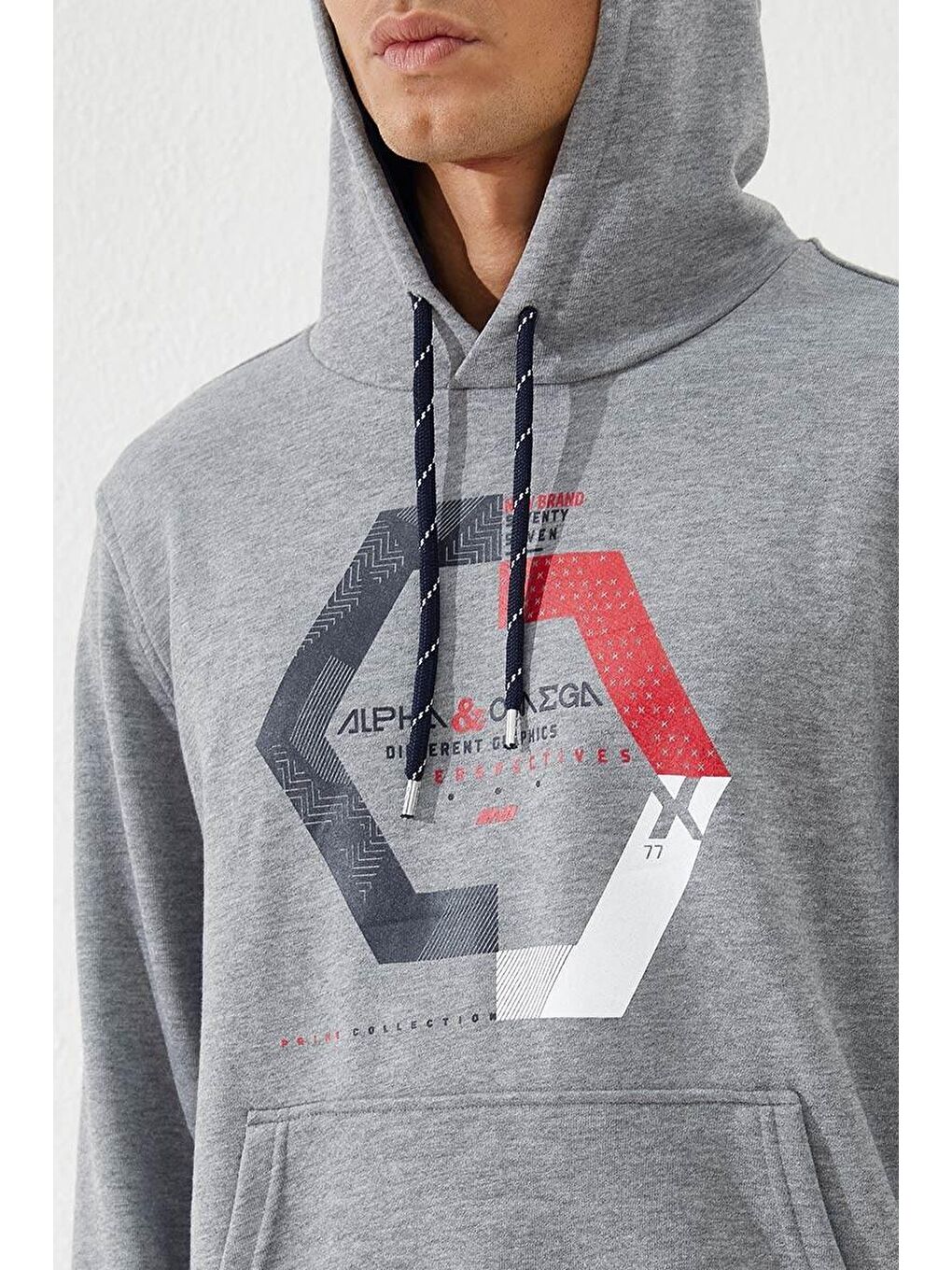 TOMMYLIFE Gri Melanj Geometrik Baskılı Standart Kalıp Kapüşonlu Erkek Sweatshirt - 87870 - 4