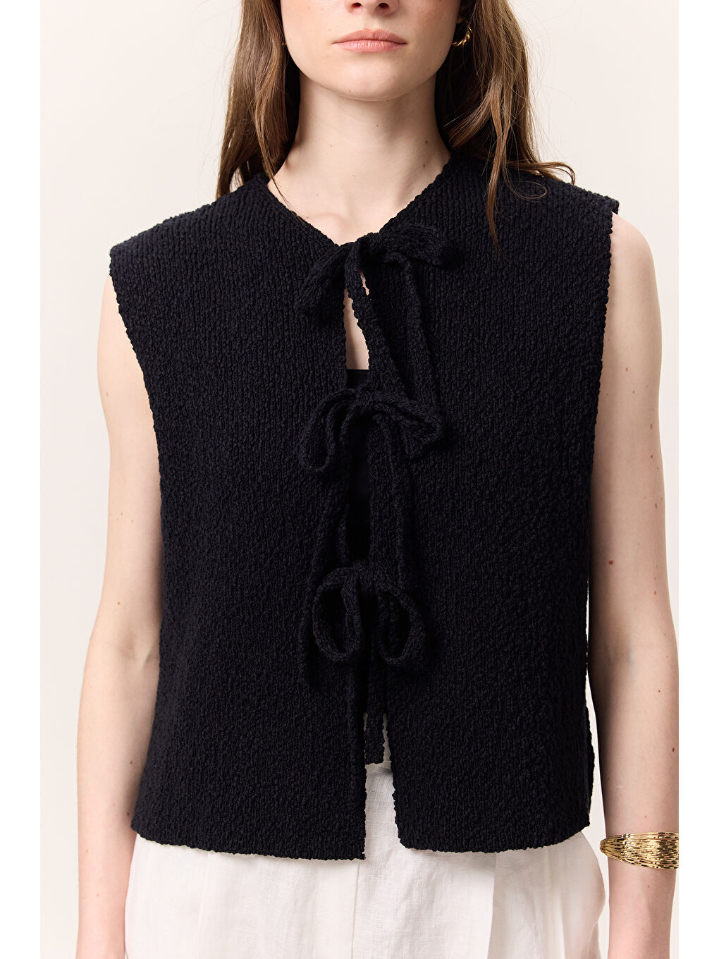 Bağcıklı Triko Yelek Siyah-4