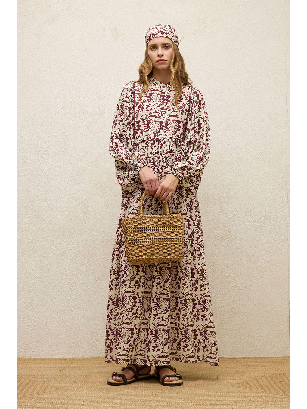 Karışık Viskon Balon Kol Elbise Sage-1