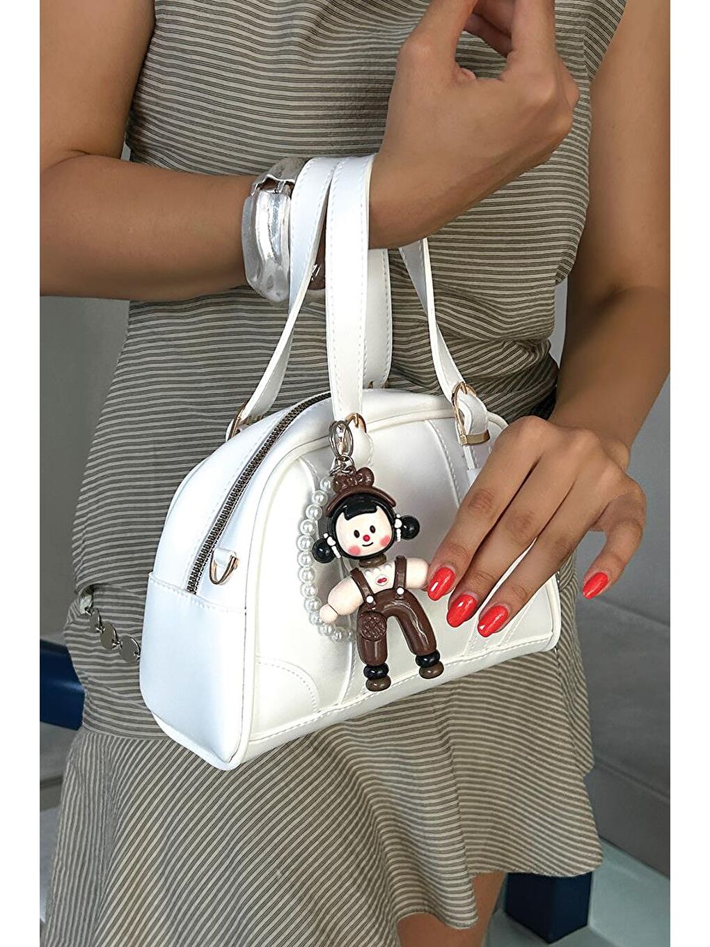 Key İncili Çanta Charmı Kahverengi-6