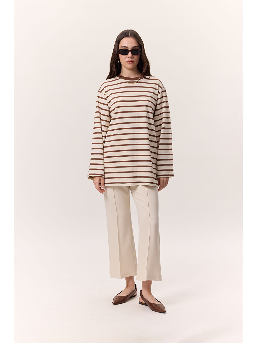 Çizgili Uzun Kollu Oversıze Tshırt Kahverengi-1