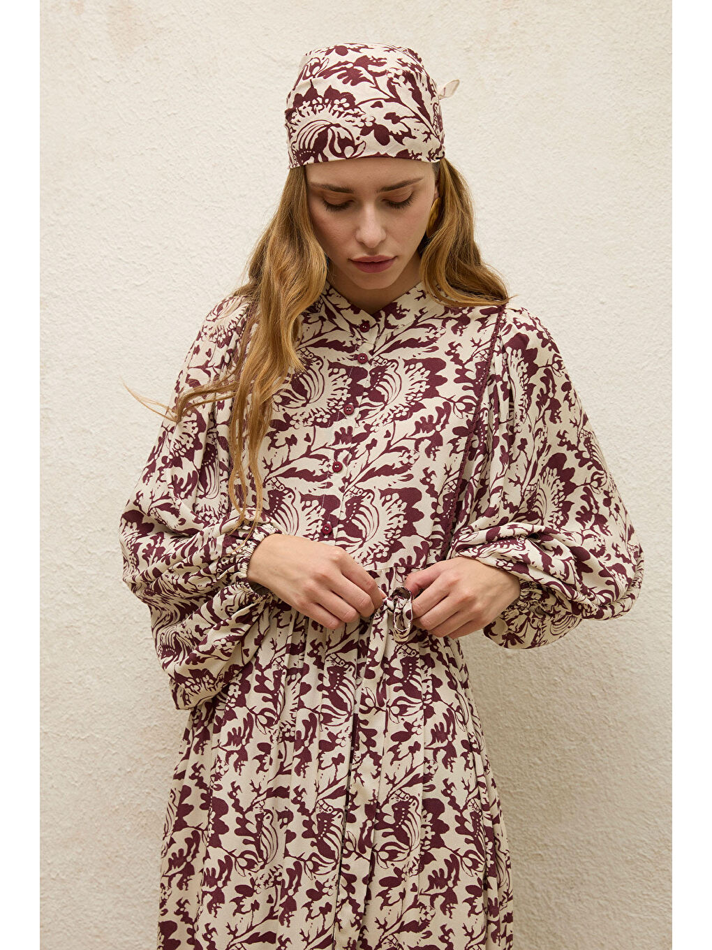 Karışık Viskon Balon Kol Elbise Sage-5