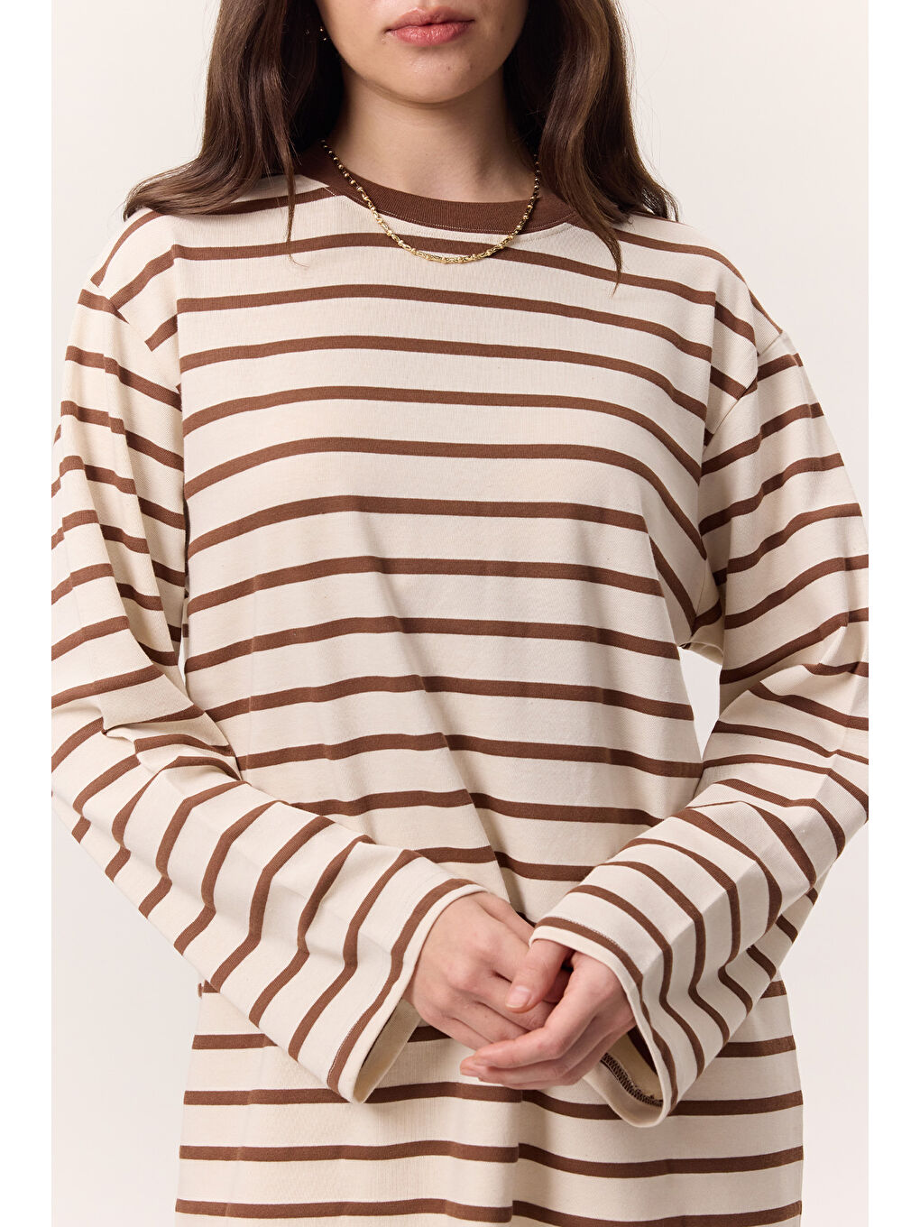 Çizgili Uzun Kollu Oversıze Tshırt Kahverengi-3