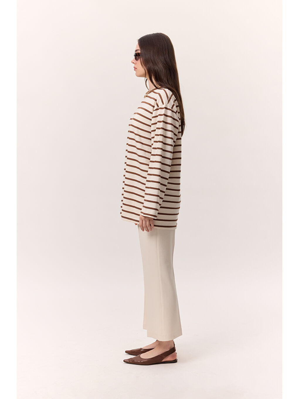 Çizgili Uzun Kollu Oversıze Tshırt Kahverengi-4