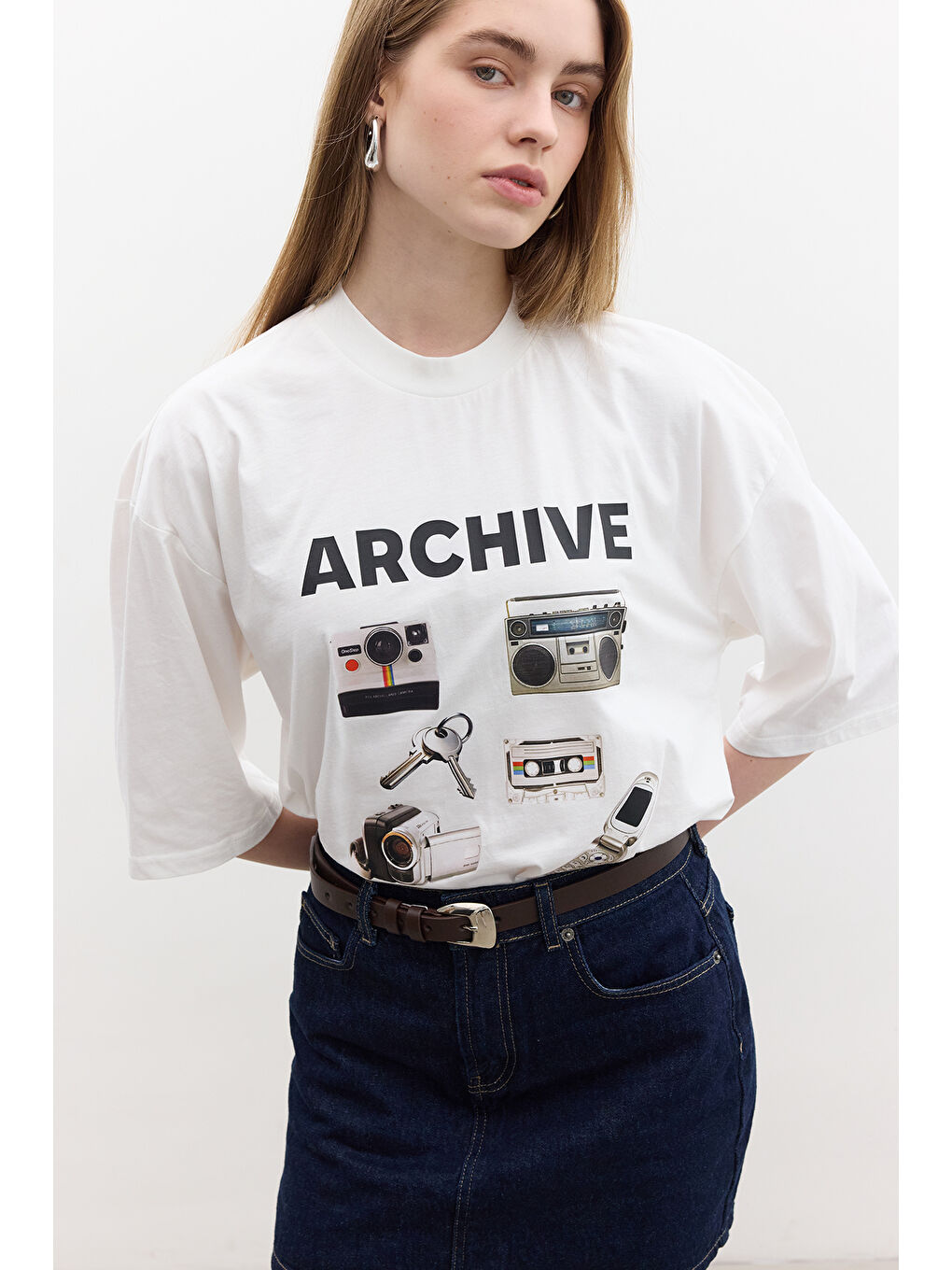 Beyaz Baskılı Kısa Kol T-Shırt Archıve