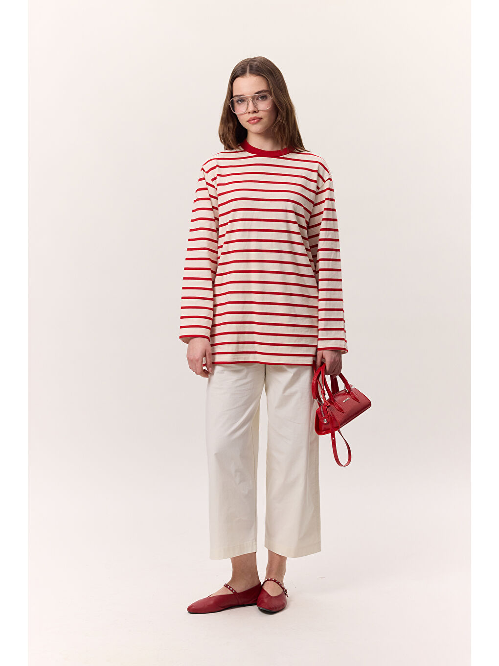 Çizgili Uzun Kollu Oversıze Tshırt Kırmızı-1