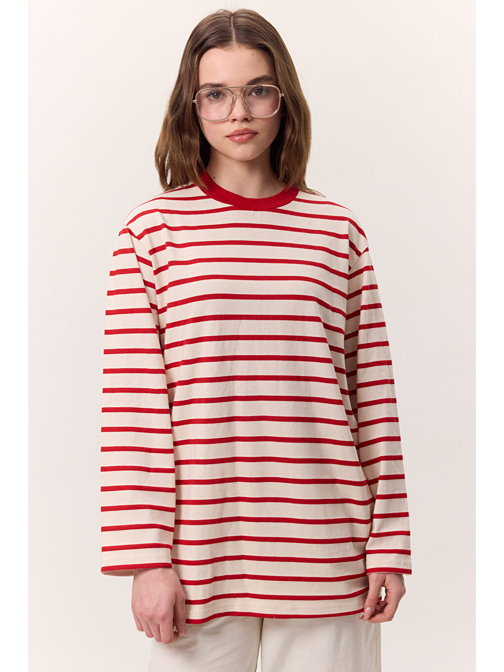 Çizgili Uzun Kollu Oversıze Tshırt Kırmızı-2