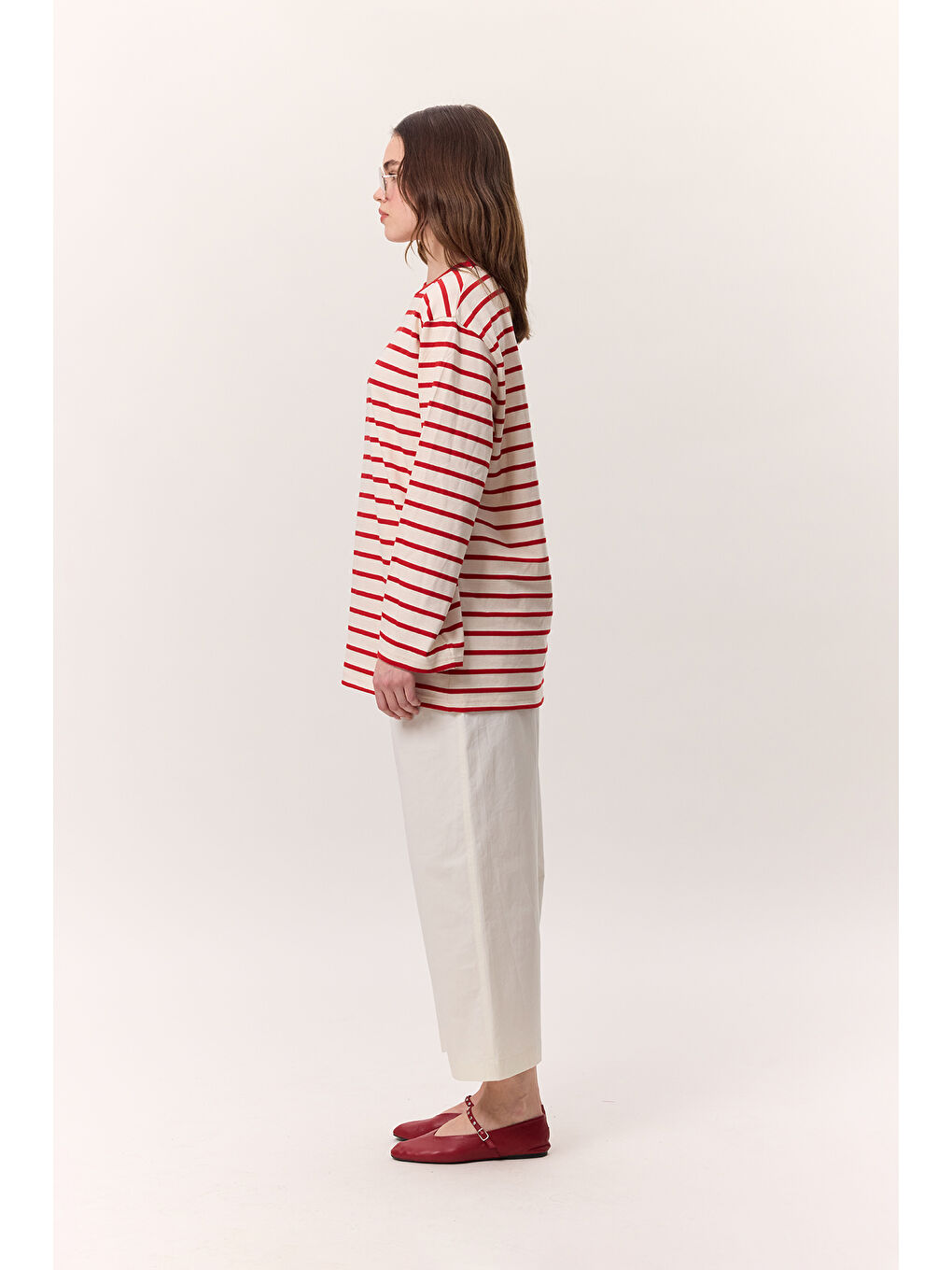 Çizgili Uzun Kollu Oversıze Tshırt Kırmızı-4