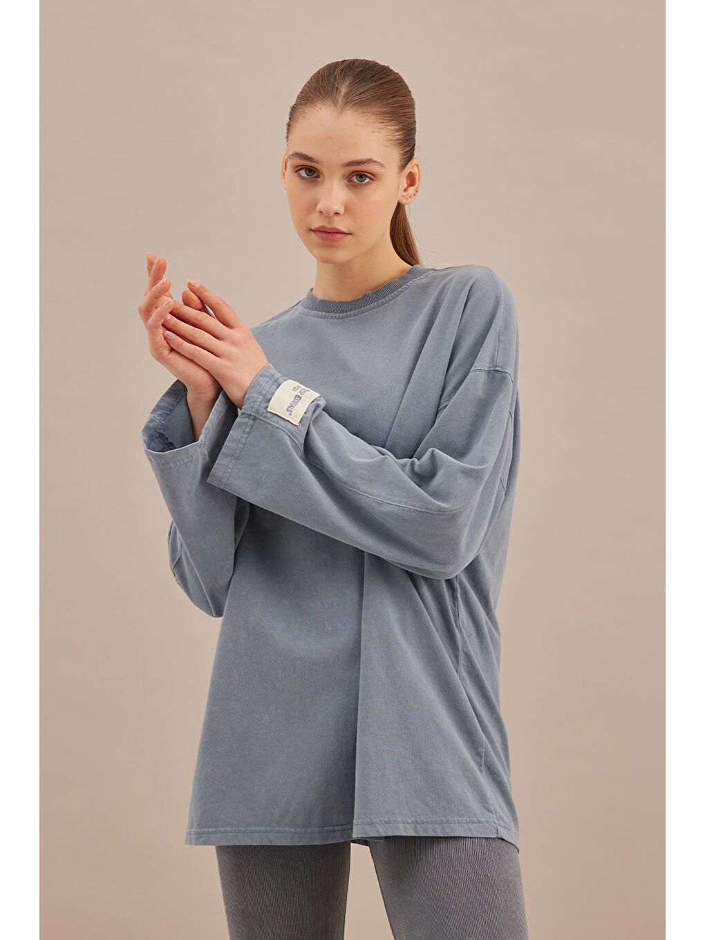 Soluk Efektli Oversize Sweatshırt Mavi