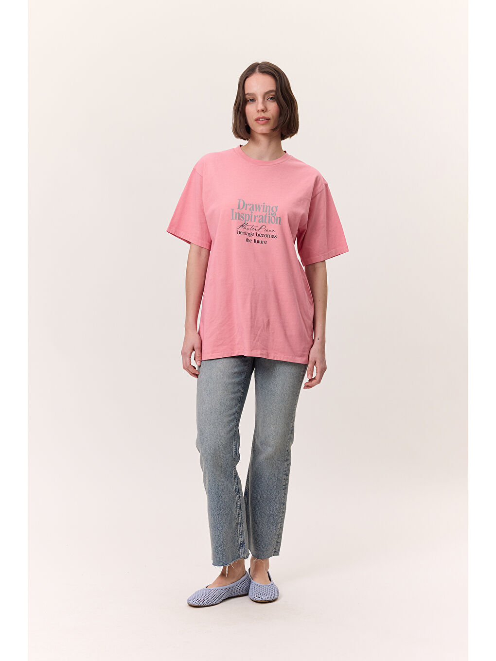 Yıkama Efektli Kısa Kollu Tshırt Pembe-3