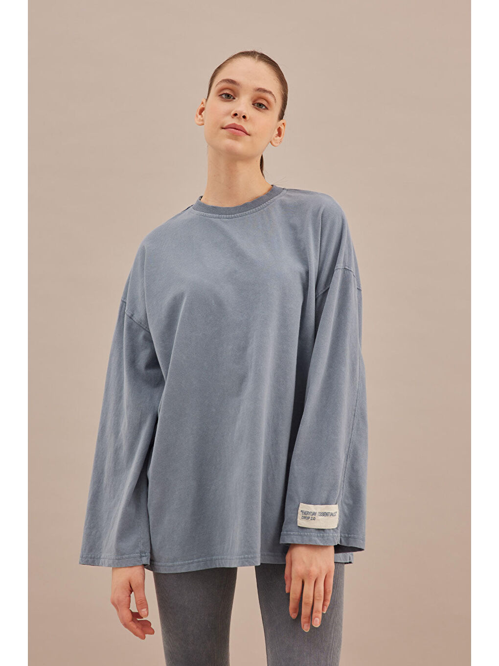 Soluk Efektli Oversize Sweatshırt Mavi-1