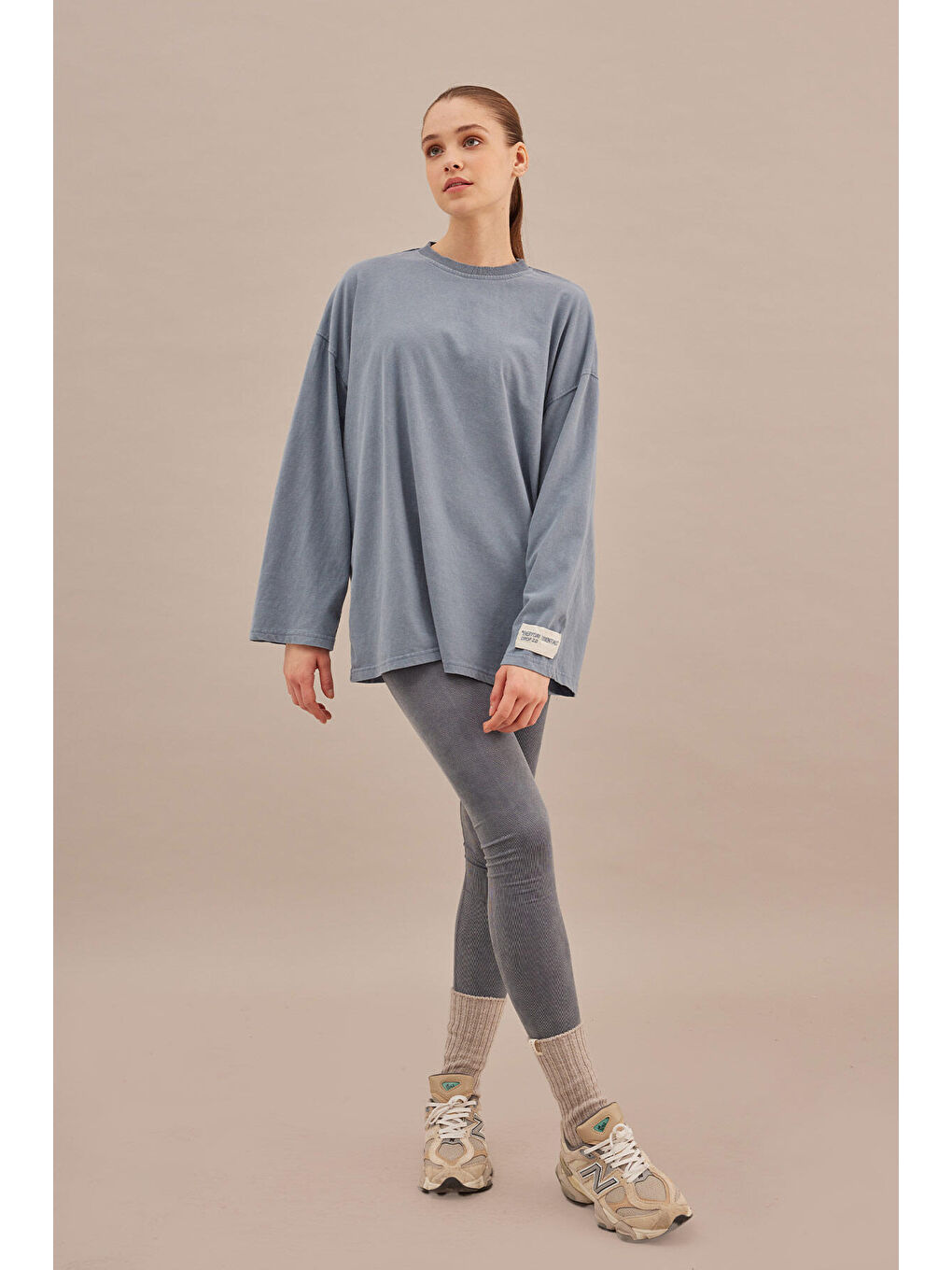 Soluk Efektli Oversize Sweatshırt Mavi-3