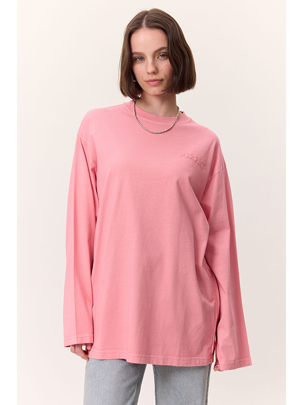 Yıkama Efektli Uzun Kollu Tshırt Pembe