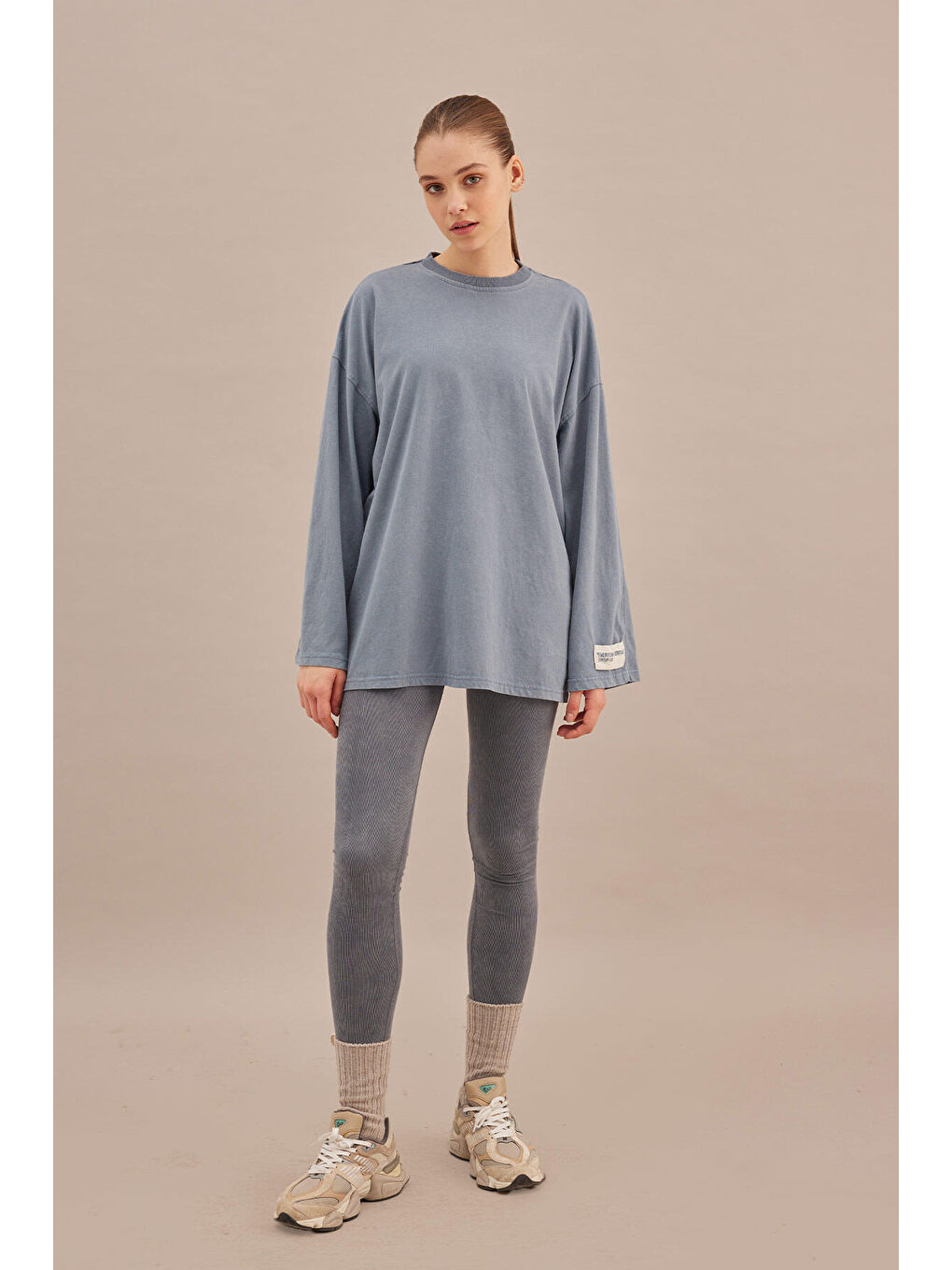 Soluk Efektli Oversize Sweatshırt Mavi-5
