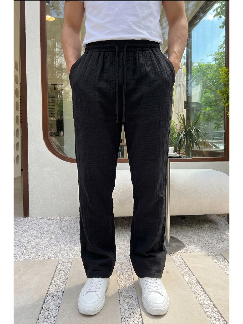 Siyah Balve %100 Pamuk Baggy Müslin Kumaş Erkek Pantolon Bağcıklı Lastikli Bel Yazlık Pantolon-1