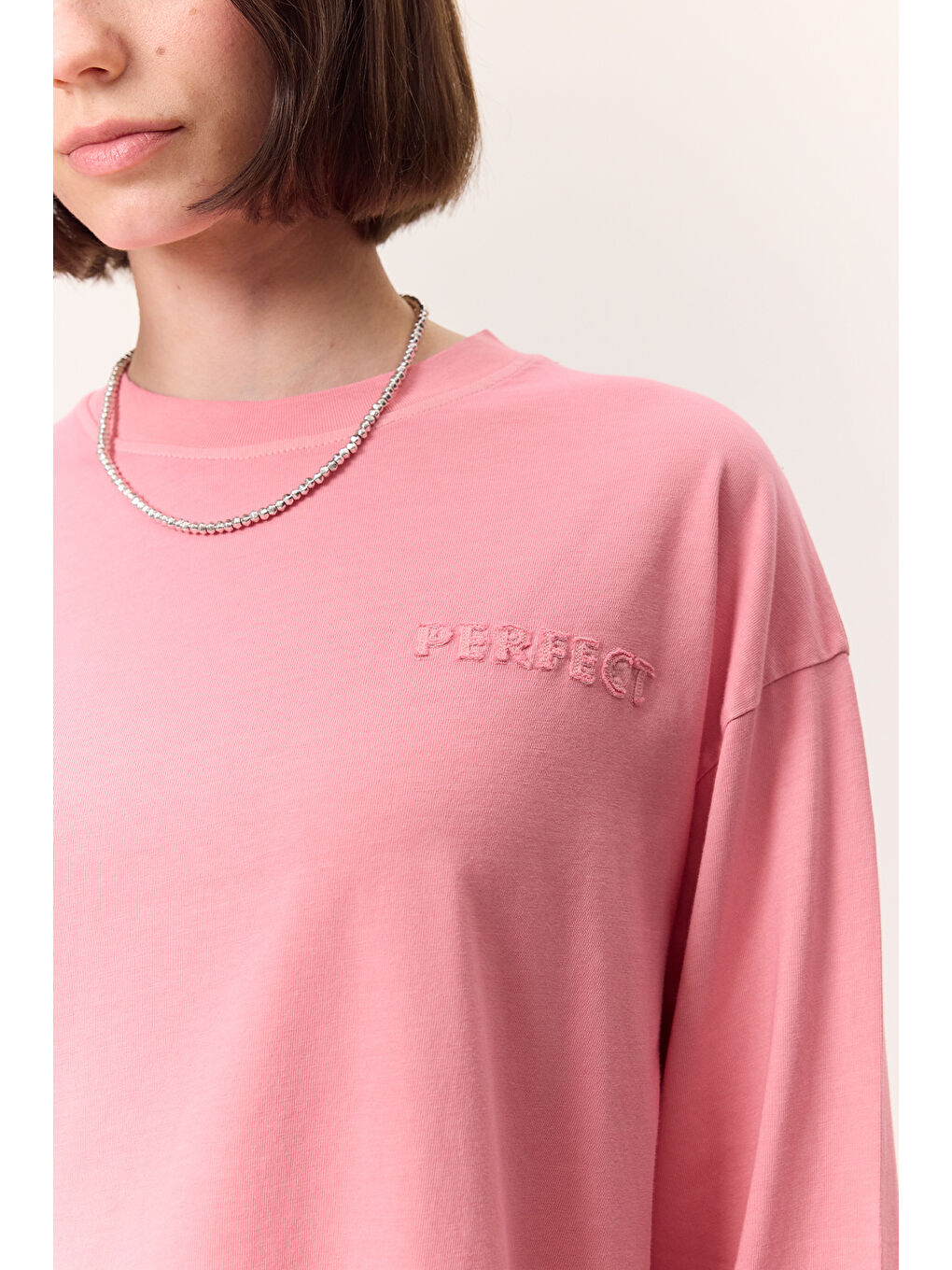 Yıkama Efektli Uzun Kollu Tshırt Pembe-2