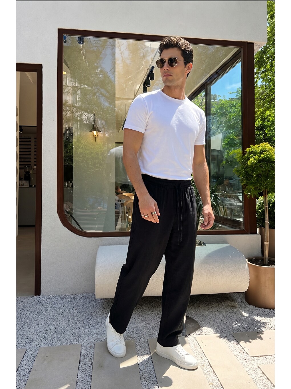 Siyah Balve %100 Pamuk Baggy Müslin Kumaş Erkek Pantolon Bağcıklı Lastikli Bel Yazlık Pantolon-2