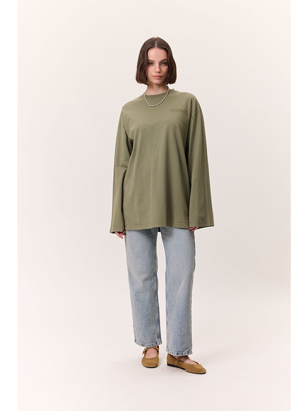Yıkama Efektli Uzun Kollu Tshırt Yeşil
