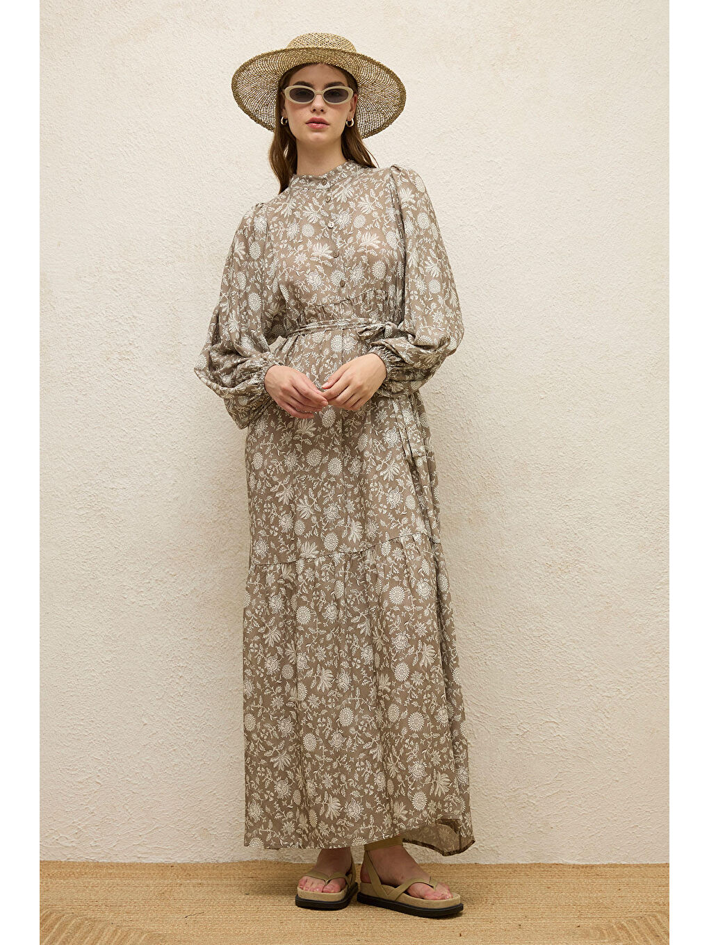 Bej Viskon Balon Kol Elbise Etnik-Vizon-1