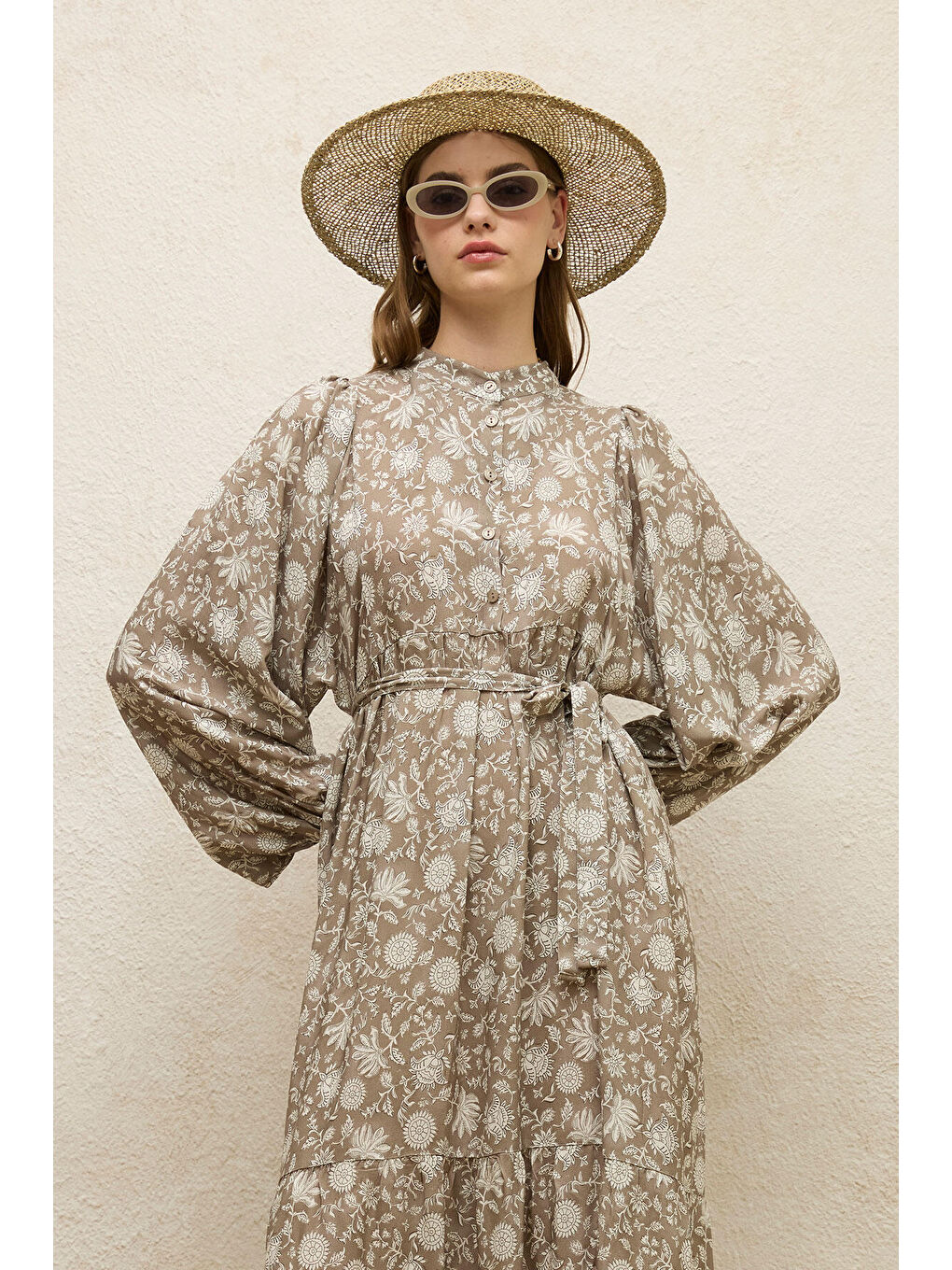 Bej Viskon Balon Kol Elbise Etnik-Vizon-2