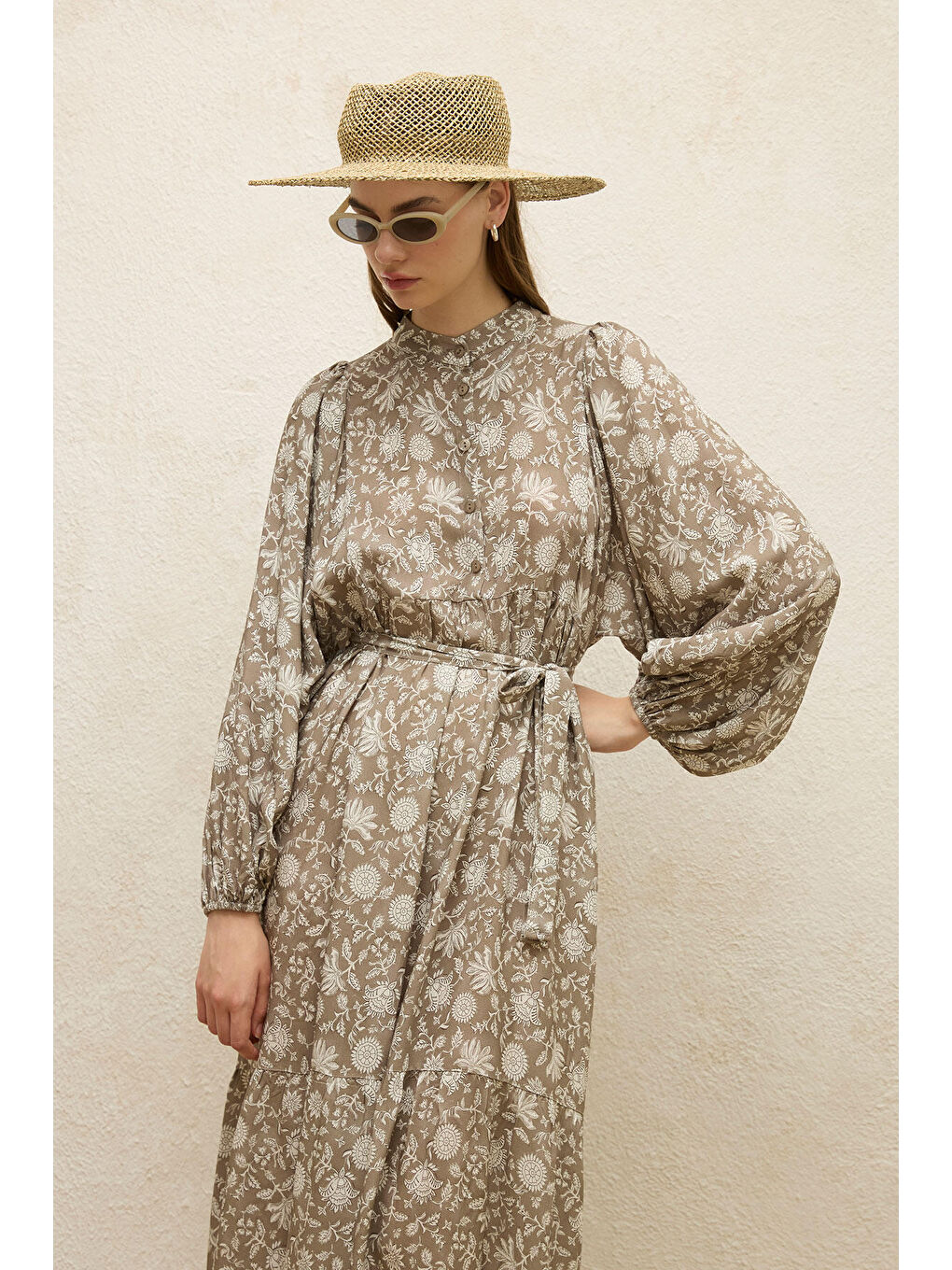 Bej Viskon Balon Kol Elbise Etnik-Vizon-3