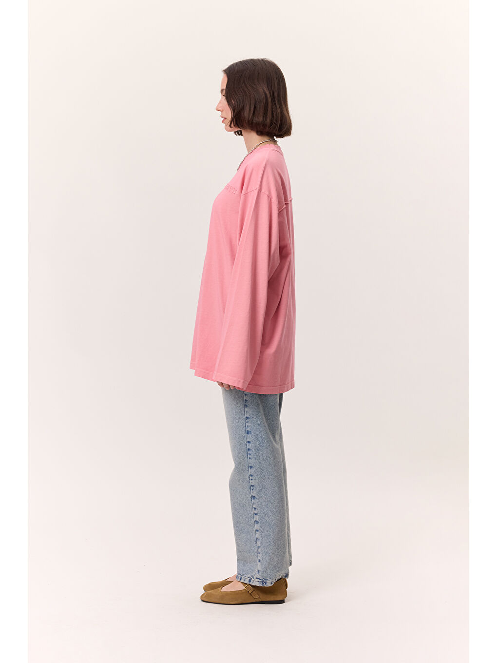 Yıkama Efektli Uzun Kollu Tshırt Pembe-5