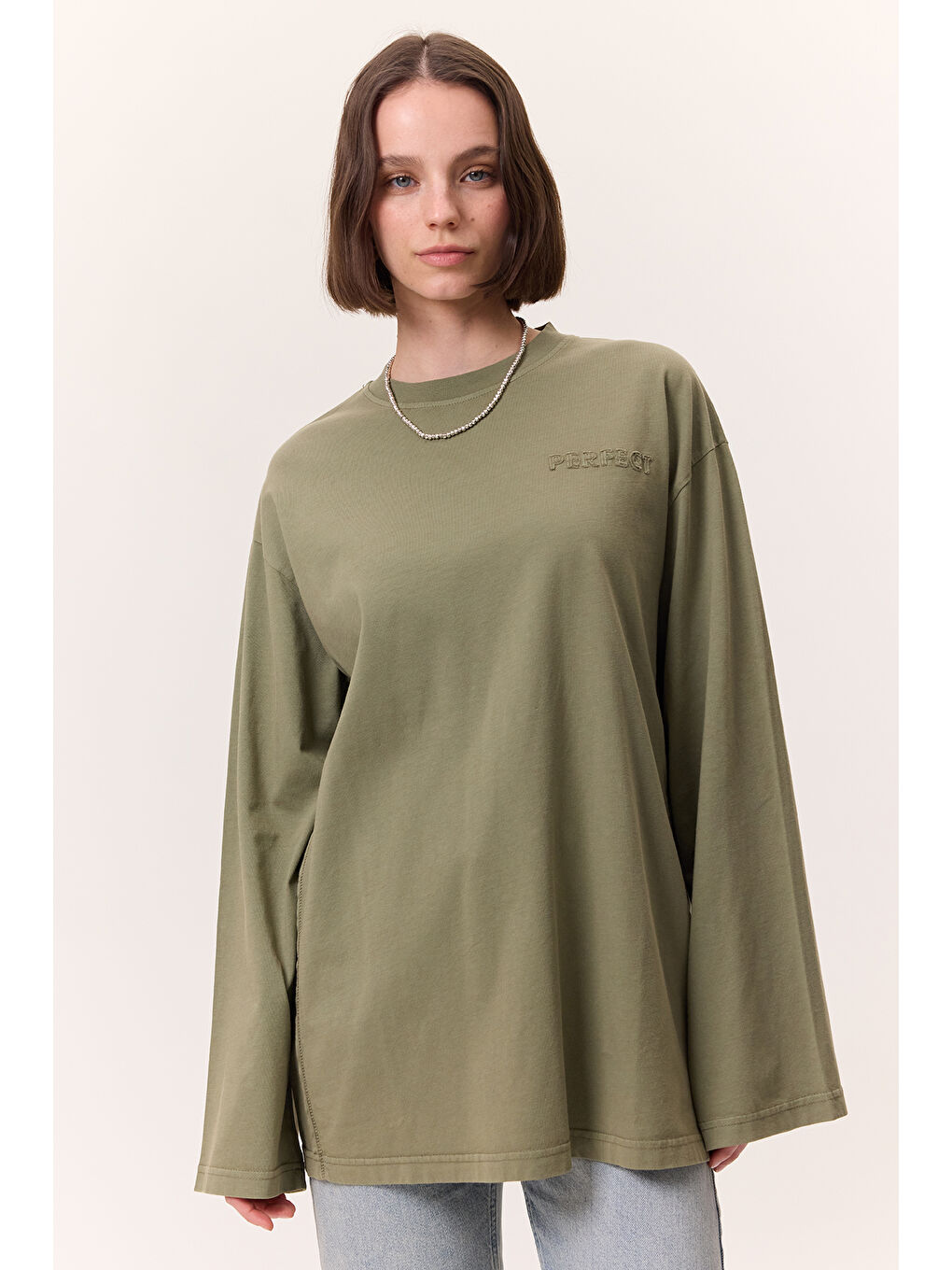 Yıkama Efektli Uzun Kollu Tshırt Yeşil-2