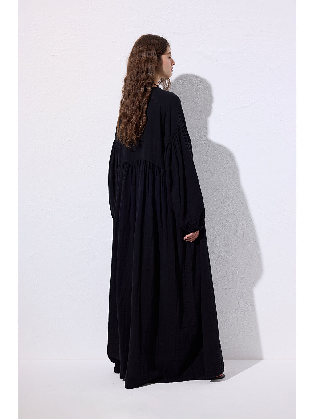 Müslin Düğmeli Rahat Elbise Siyah-5