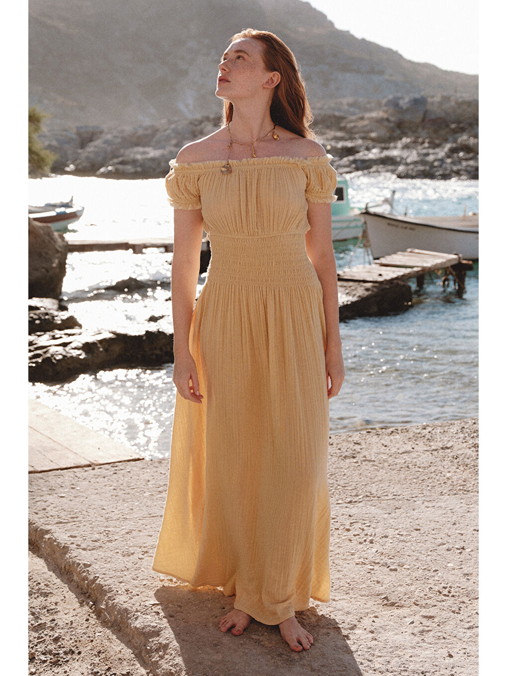 Müslin Büzgülü Elbise Sarı-1