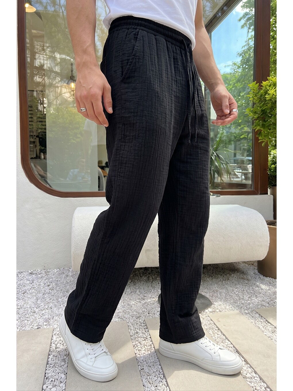 Siyah Balve %100 Pamuk Baggy Müslin Kumaş Erkek Pantolon Bağcıklı Lastikli Bel Yazlık Pantolon-3