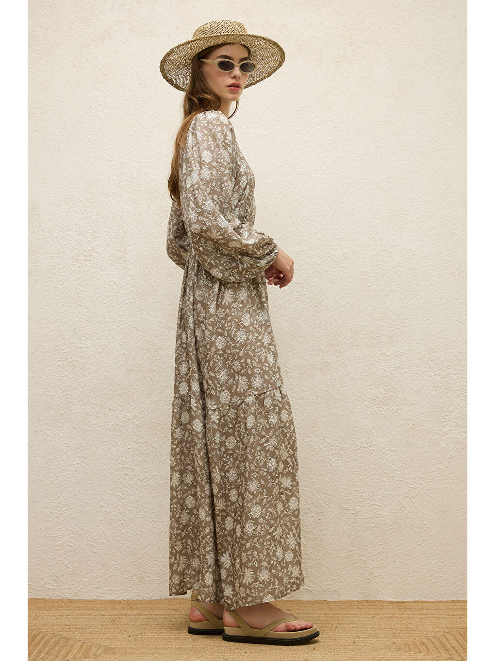 Bej Viskon Balon Kol Elbise Etnik-Vizon-5