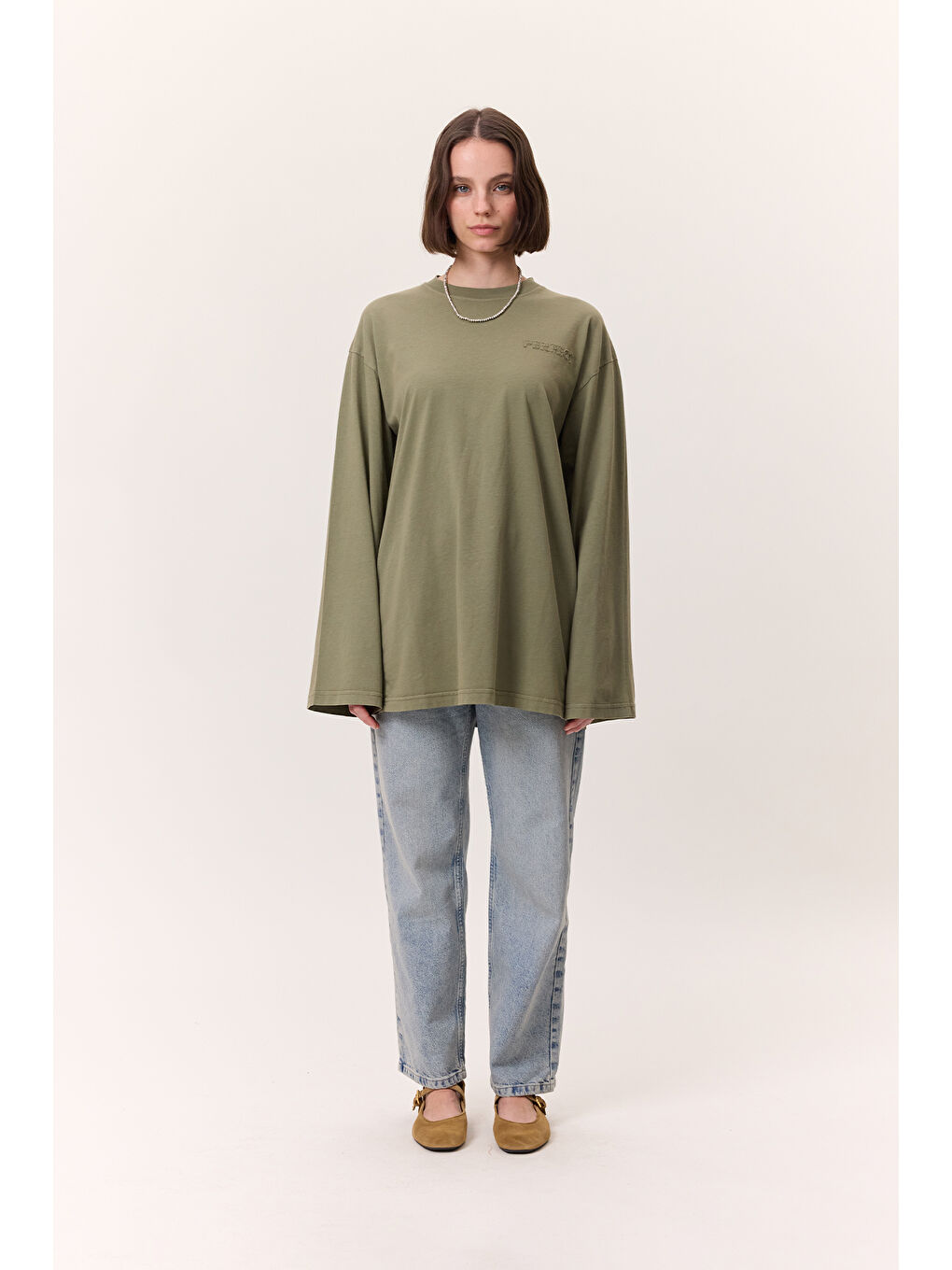 Yıkama Efektli Uzun Kollu Tshırt Yeşil-3