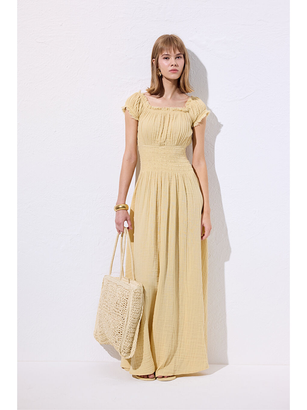 Müslin Büzgülü Elbise Sarı-2