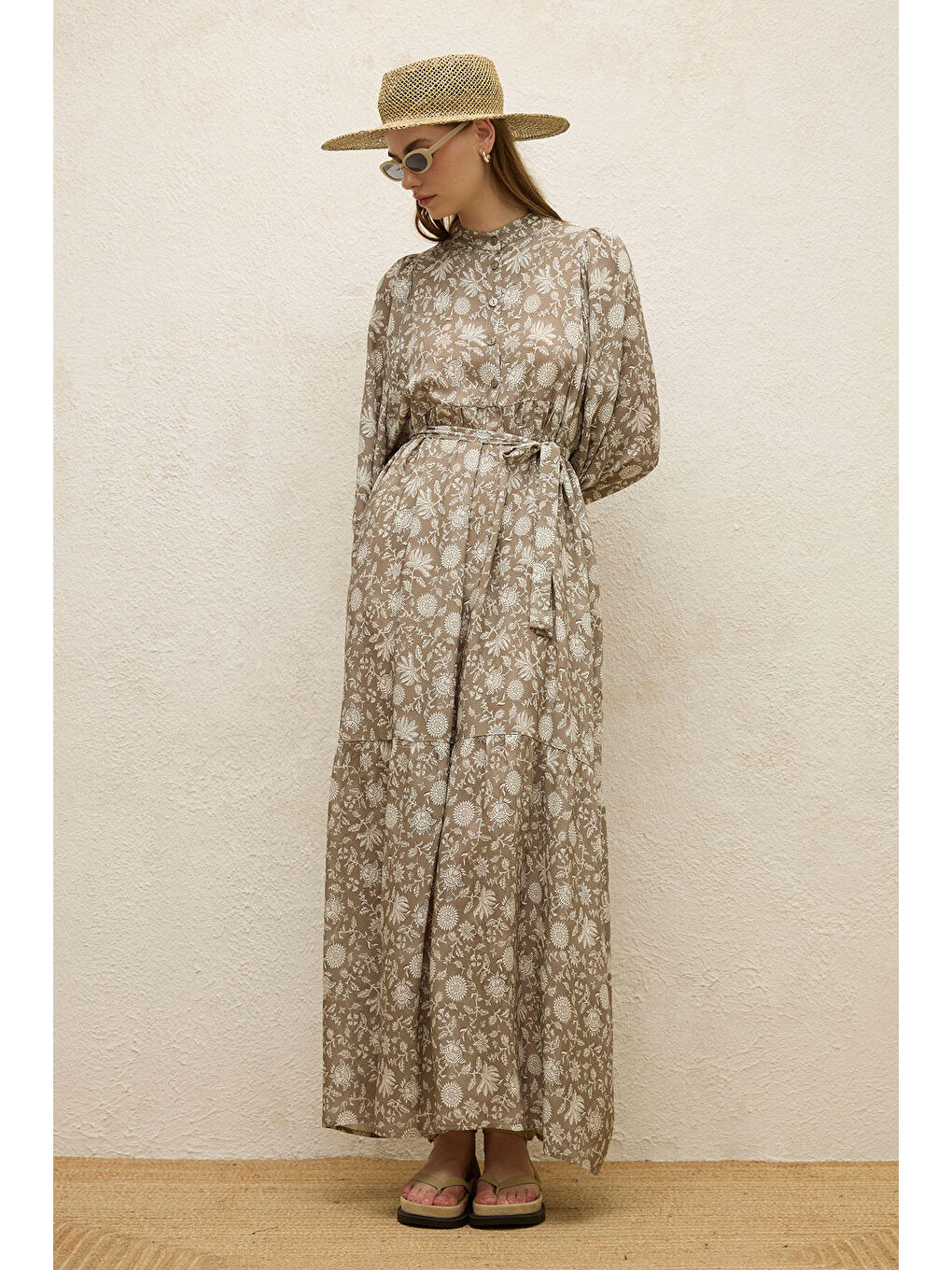 Bej Viskon Balon Kol Elbise Etnik-Vizon-6