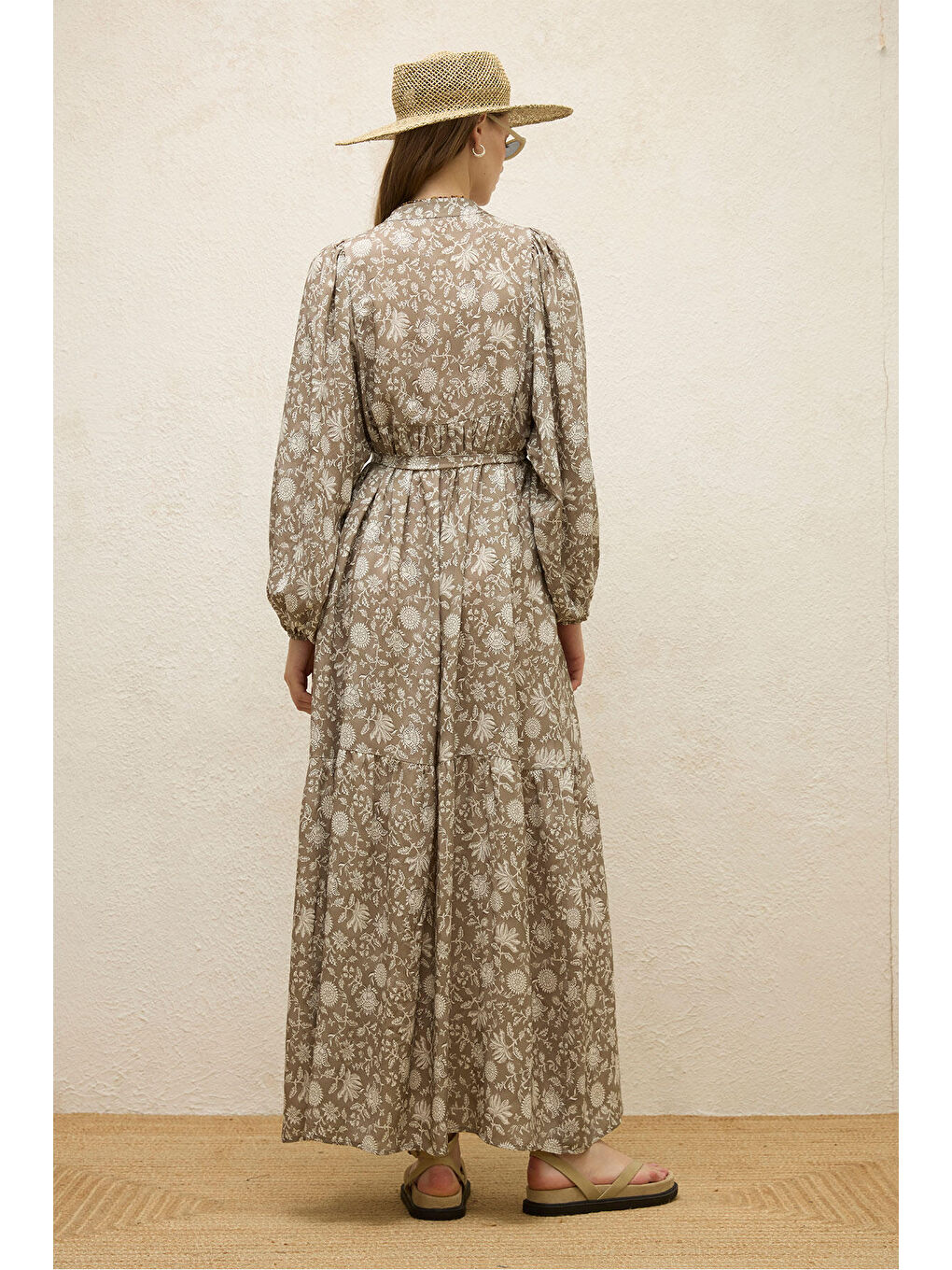 Bej Viskon Balon Kol Elbise Etnik-Vizon-7