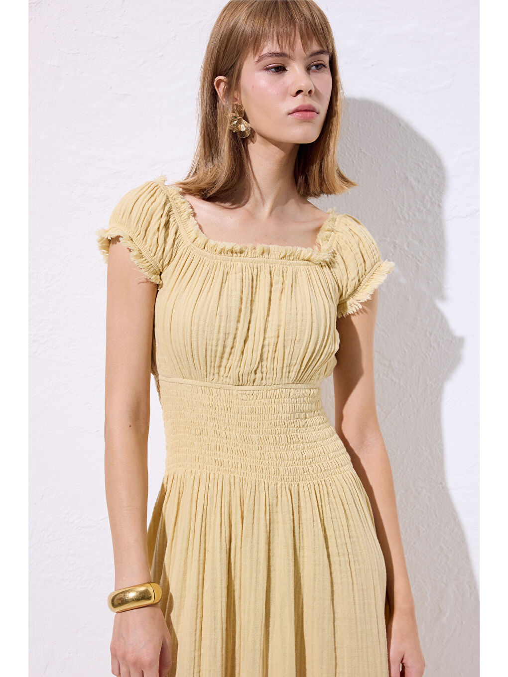 Müslin Büzgülü Elbise Sarı-4