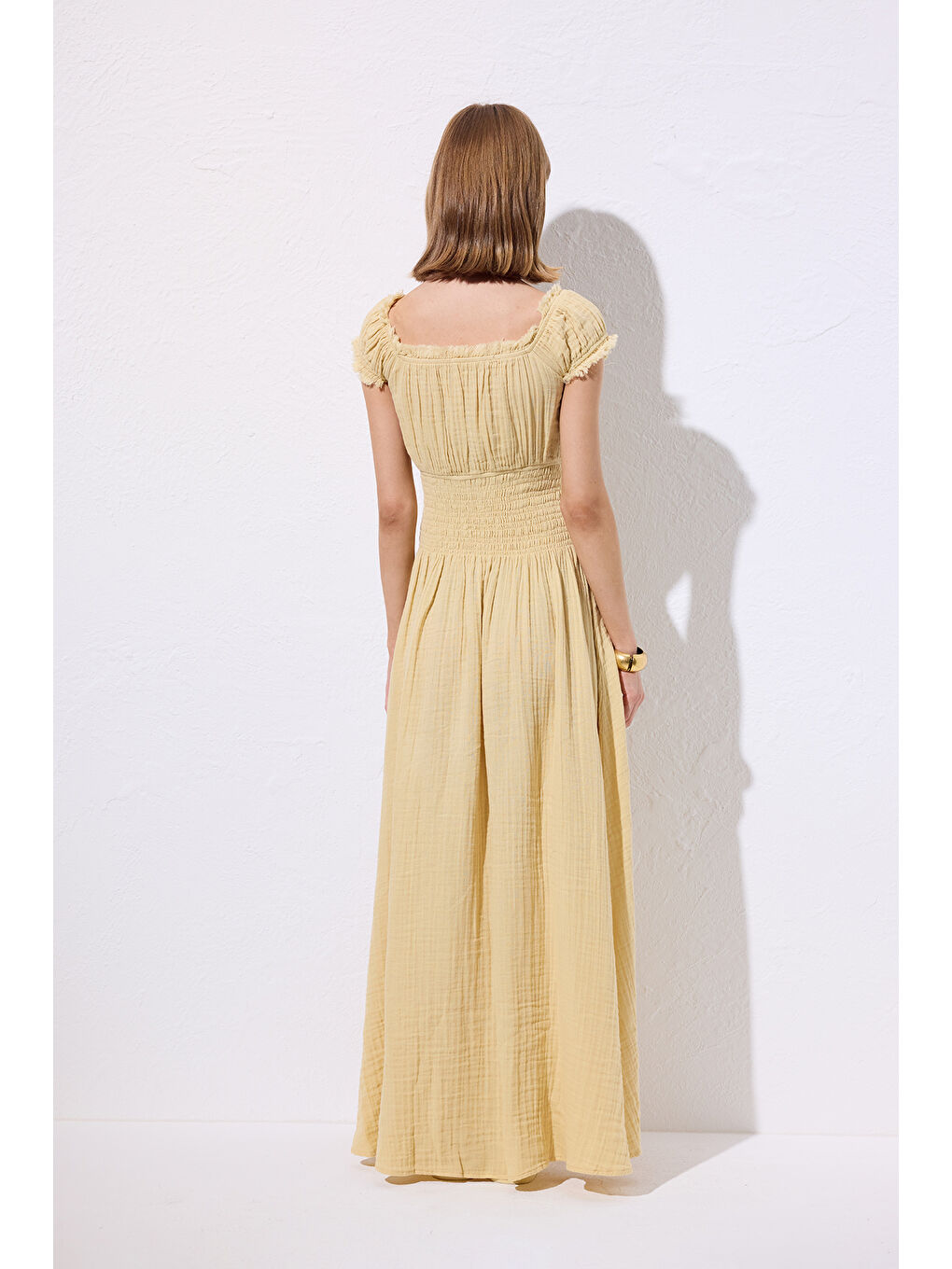 Müslin Büzgülü Elbise Sarı-5