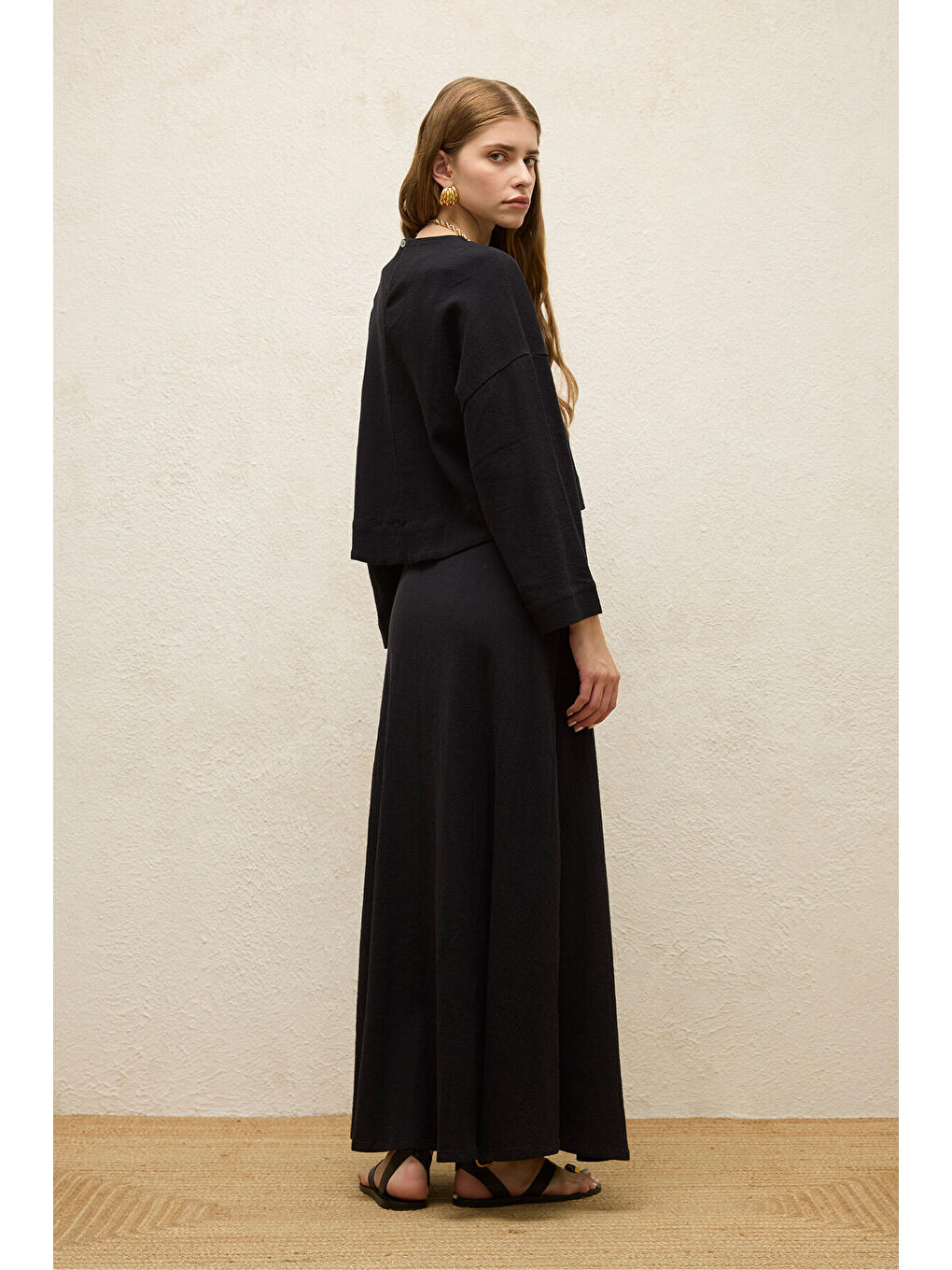 Pamuklu Geniş Kol Crop Bluz Siyah-7