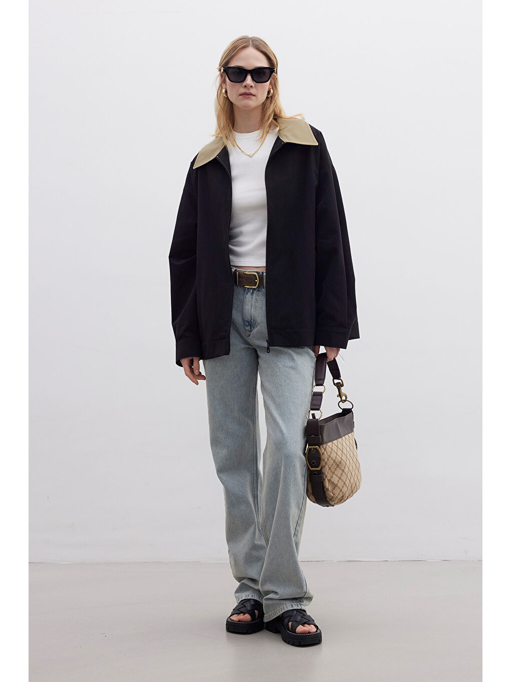 Kontrast Yakalı Gabardin Ceket Siyah-1
