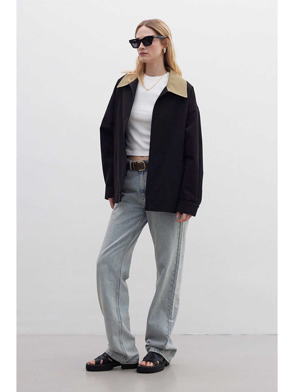 Kontrast Yakalı Gabardin Ceket Siyah-2