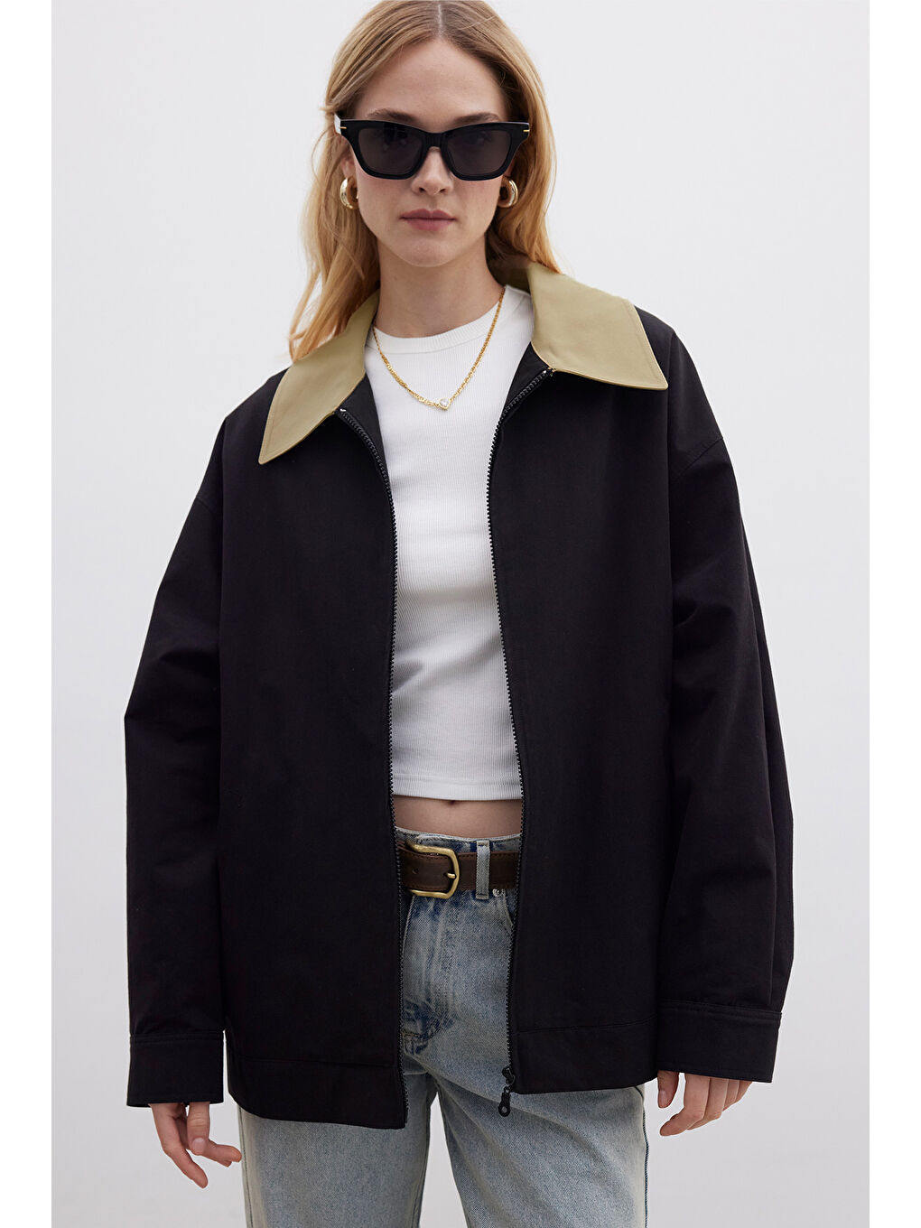 Kontrast Yakalı Gabardin Ceket Siyah-3